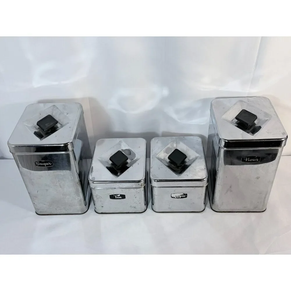 Signature MCM Chrome Kitchen Canister Set Flour Sugar Coffee Tea Mod Prop READ